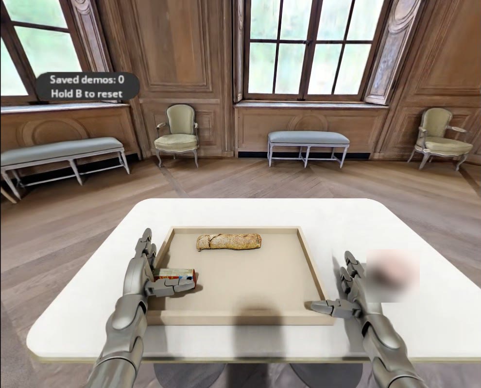 View from inside VR: the château salon, the robot's arms and the Saved demos counter