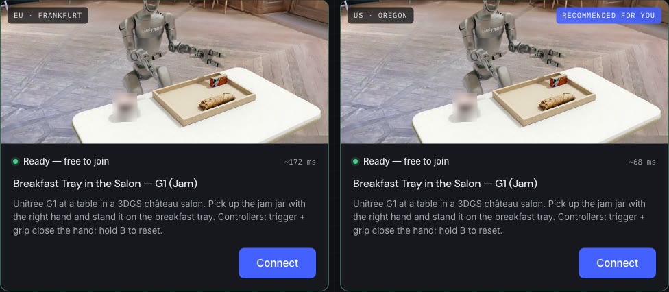 simxr.app with the two server cards, EU · Frankfurt and US · Oregon, both Ready with a Connect button